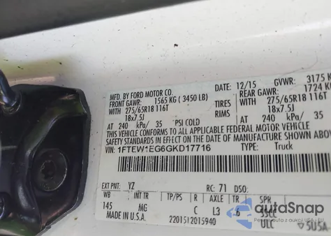 2016 Ford F-150 Xlt из США, поврежденный, VIN 1FTEW1EG6GKD17716